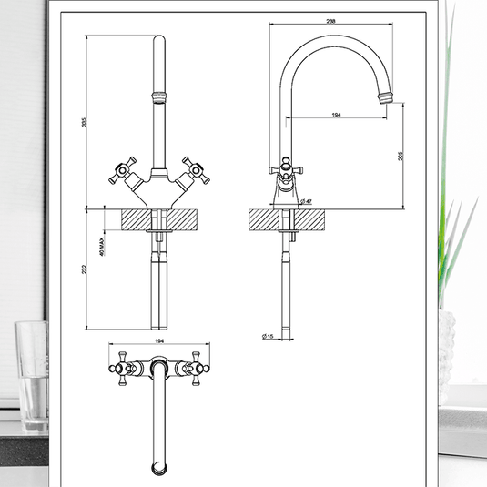 Clearwater Cottage Twin Lever Monobloc Kitchen Sink Mixer Tap - Brushed Nickel - COTN - Envy Bathrooms Ltd