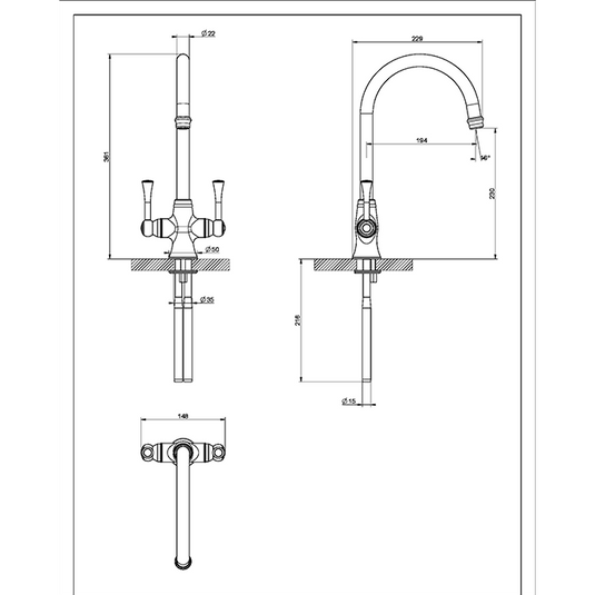Clearwater Regent C Twin Lever Monobloc Kitchen Sink Mixer Tap - Brushed Nickel - LANBN - Envy Bathrooms Ltd