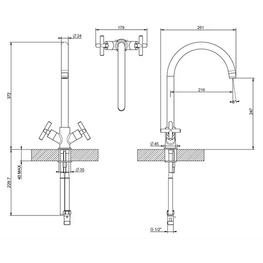 Clearwater Rossi C Twin Lever Monobloc Kitchen Sink Mixer Tap - Brushed Nickel - RO2BN - Envy Bathrooms Ltd