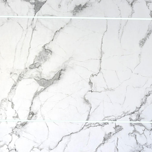White marble-effect bathroom wall panel with grey veining and subtle horizontal lines