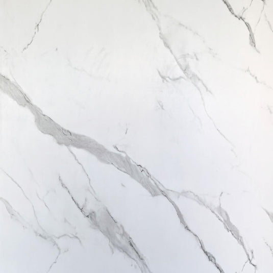 White Calacatta marble bathroom tile with subtle grey veining, elegant surface finish