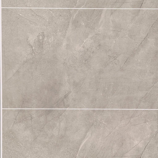 Natural marble effect bathroom wall tile with light grey veining and cutline detail