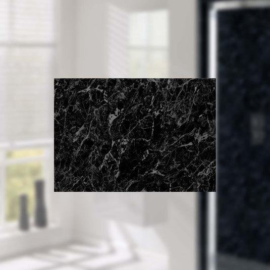 Black marble effect bathroom wall panel with white veining, modern design