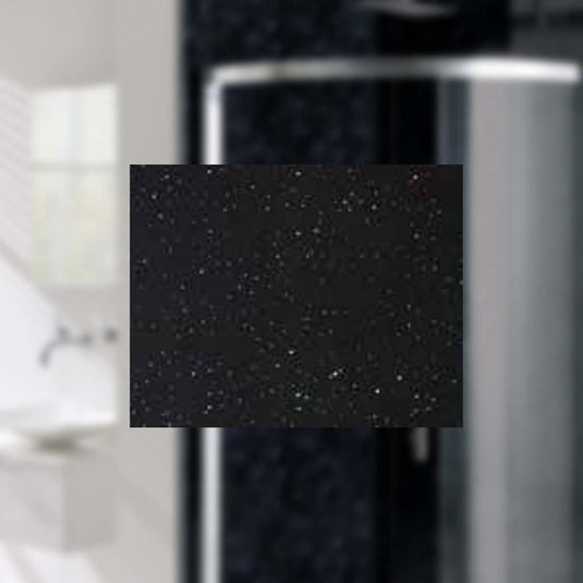 Black sparkle effect bathroom wall panel with glossy finish in modern bathroom setting