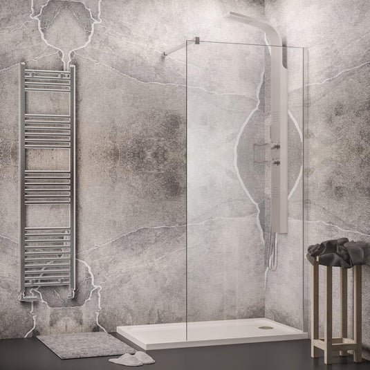 Modern walk-in shower with glass screen, rainfall shower panel, and chrome towel radiator