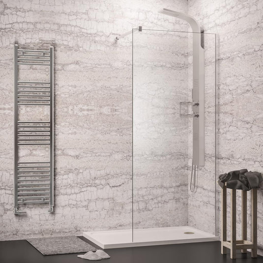 Modern walk-in shower with glass panel, rainfall shower head and chrome towel radiator