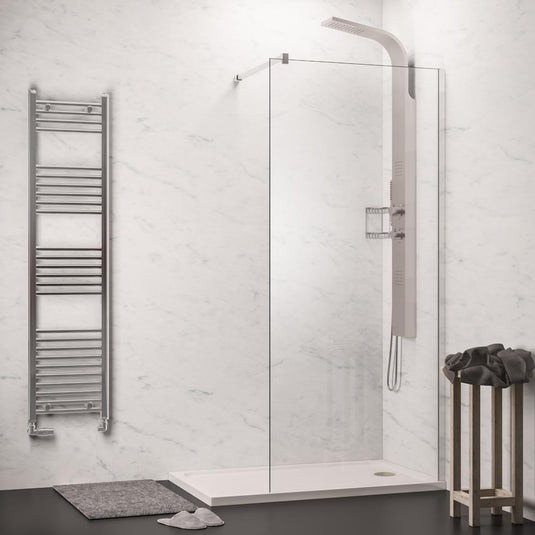 Modern walk-in shower with glass screen, rainfall shower panel, and chrome towel radiator