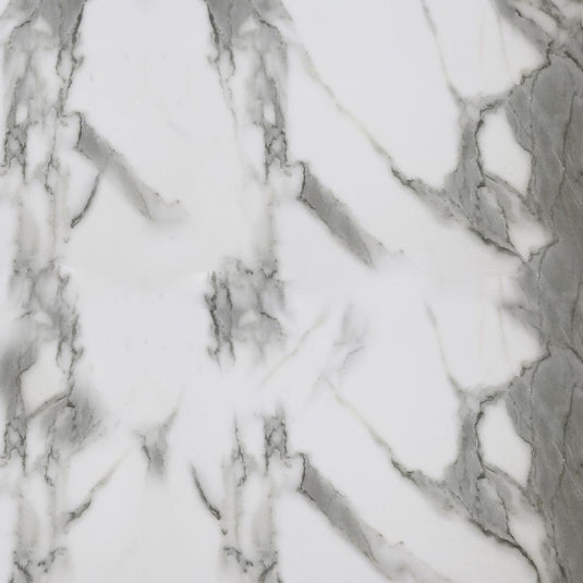 White marble bathroom tile with grey veining, close-up texture detail