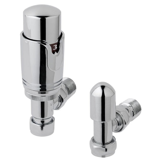 Chrome thermostatic radiator valve set with angled and lockshield valves for bathroom heating