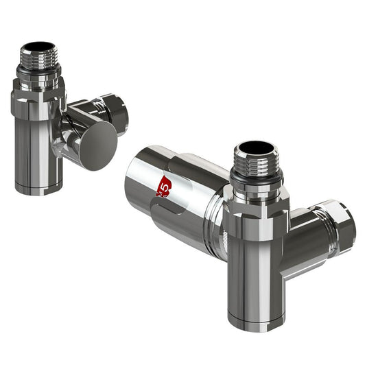 Chrome angled radiator valves set with threaded fittings for bathroom heating installation
