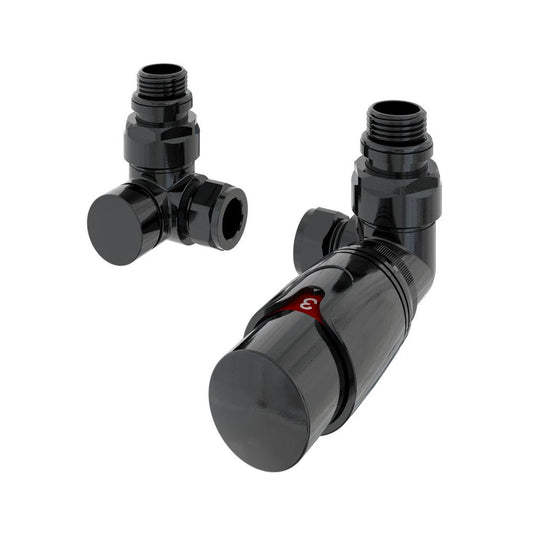 Black angled thermostatic radiator valves set with glossy finish for modern bathrooms