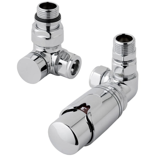 Pair of chrome thermostatic radiator valves with modern angled design on white background