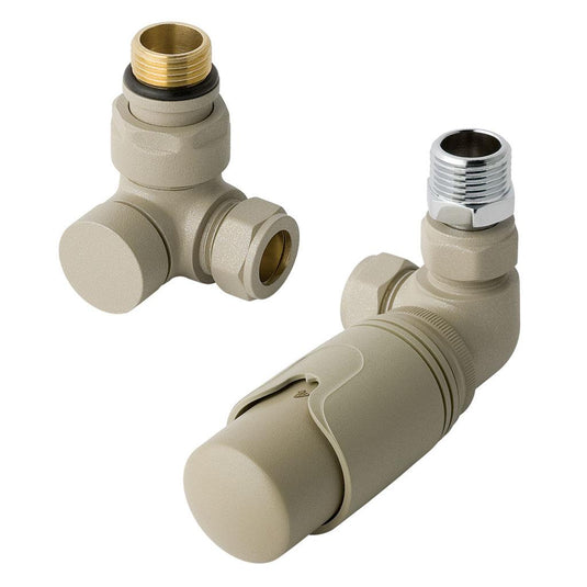 Beige angled radiator valve set with metallic fittings for bathroom plumbing