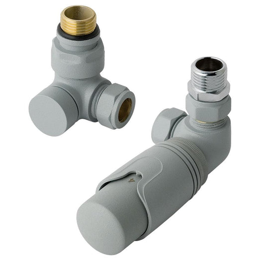 Modern grey thermostatic radiator valve set with angled and lockshield valves for bathroom heating