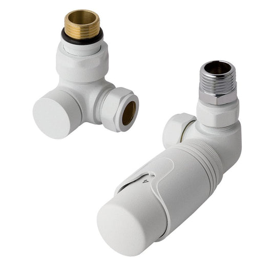White thermostatic radiator valve set with angled connectors for bathroom heating