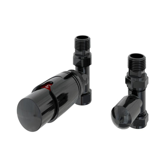 Black angled thermostatic radiator valves set for modern bathroom heating