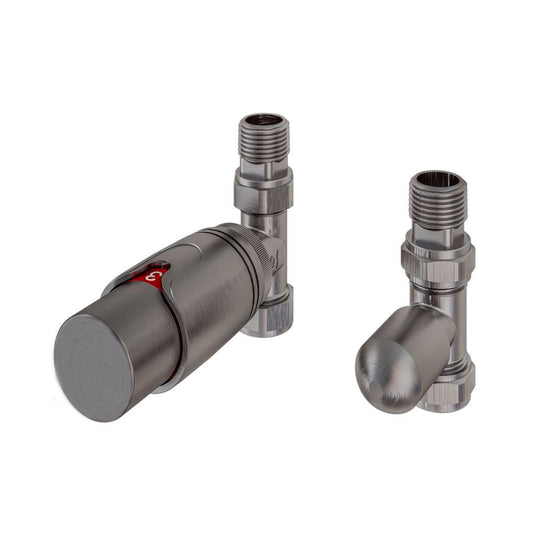 Pair of brushed metal angled radiator valves with thermostatic control on white background