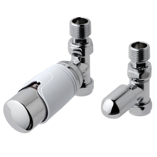 Chrome thermostatic radiator valves for bathroom heating, angled design, isolated on white background