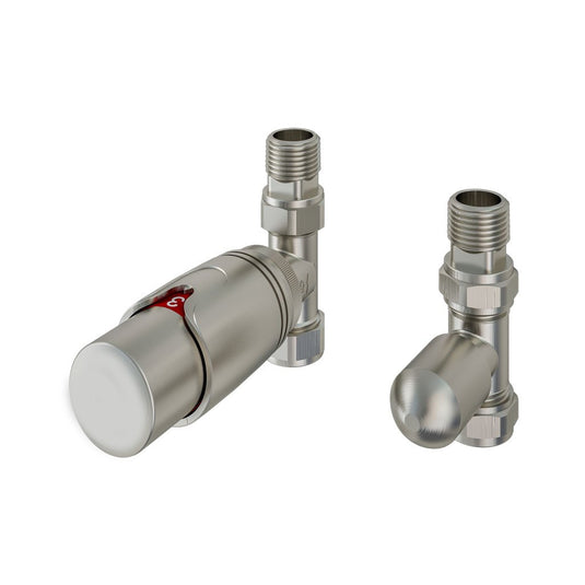 Brushed nickel thermostatic radiator valve set with two angled fittings on white background