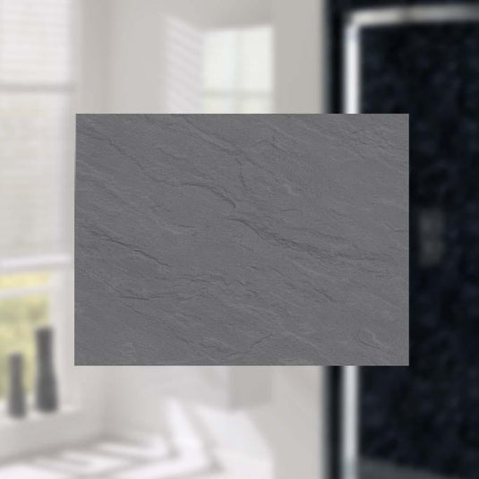 Textured dark grey bathroom wall panel with stone effect finish
