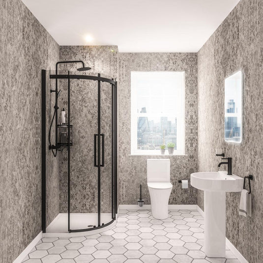 Modern bathroom with hexagonal tile floor, corner shower enclosure, pedestal sink, and toilet
