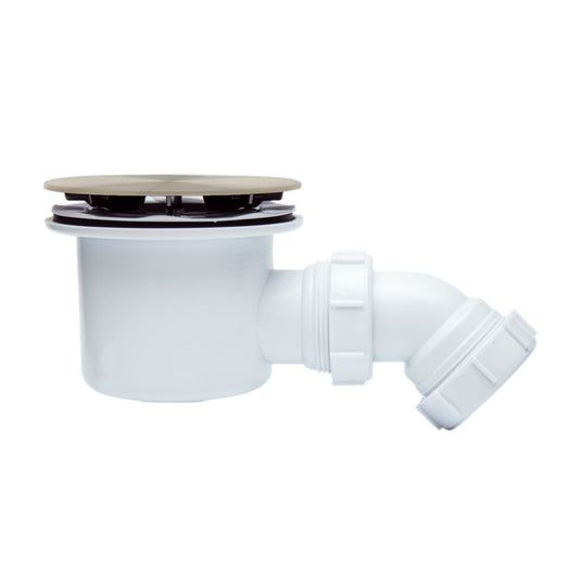 Round shower waste trap with white plastic body and chrome cover, bathroom plumbing accessory