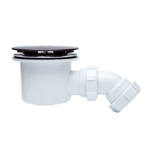 White shower waste trap with black cover for modern bathroom plumbing