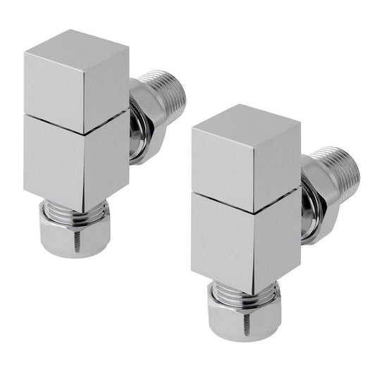Pair of chrome square angled radiator valves for bathroom heating