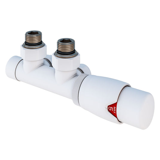 Eastbrook Angled Twin Inlet Thermostatic Radiator Valve 15mm Gloss White | 54.0014