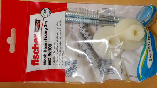 Fischer wash basin fixing set with wall plugs, screws, and plastic washers in packaging