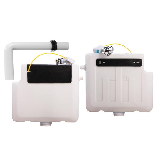 Concealed white toilet cistern set with flush mechanism and overflow pipe