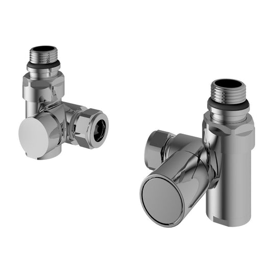 Pair of chrome angled radiator valves with modern round caps on white background