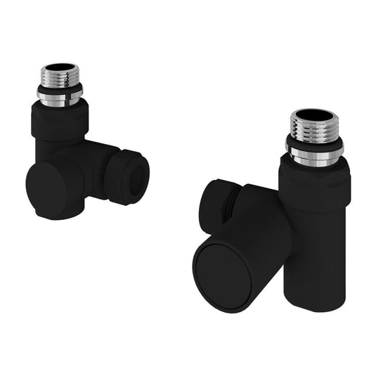Matte black angled radiator valves set with chrome fittings, modern bathroom accessory