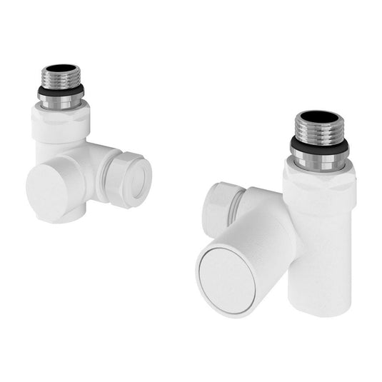 White angled radiator valves with chrome fittings for bathroom heating systems