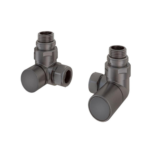 Pair of modern black angled radiator valves for bathroom heating systems