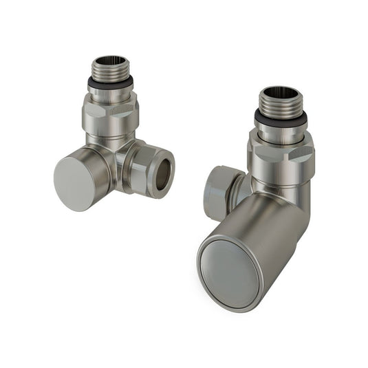 Pair of chrome angled radiator valves for bathroom heating system