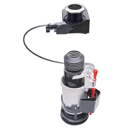 Dual flush toilet cistern mechanism with cable-operated flush valve on white background
