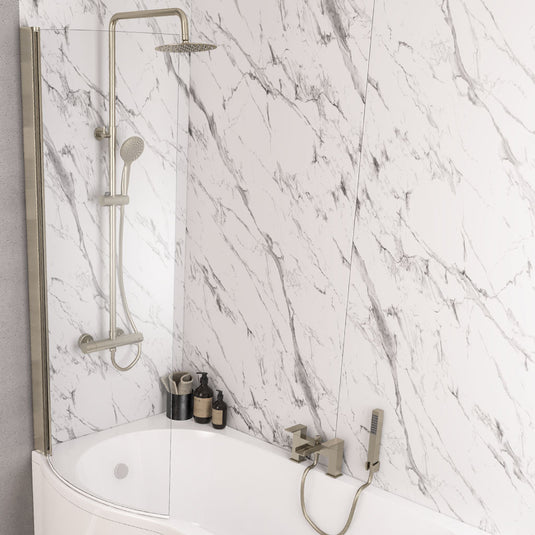 Eastbrook P-Shaped Bath Screen 1400x735mm Left Hand Brushed Brass | 49.2005