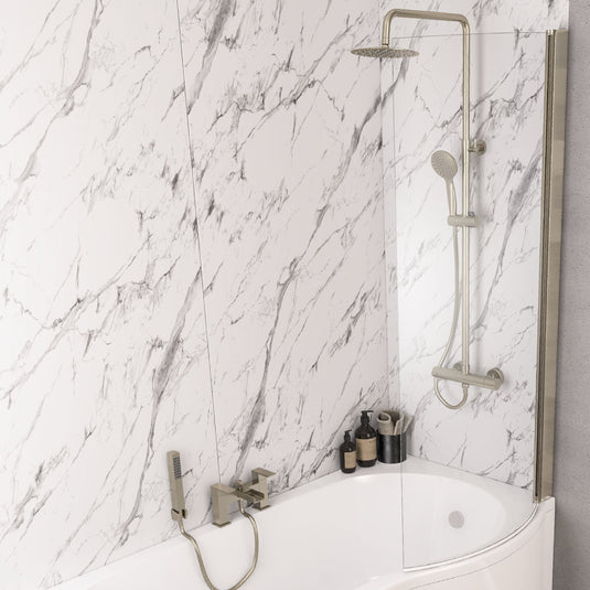 Eastbrook P-Shaped Bath Screen 1400x735mm Right Hand Brushed Brass | 49.2006