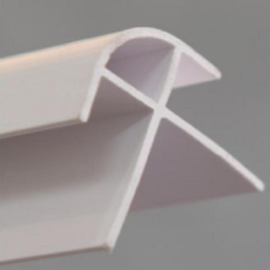 Close-up of white PVC shower trim corner profile against grey background
