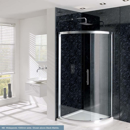 Modern bathroom with curved glass shower enclosure and black marble effect wall panels