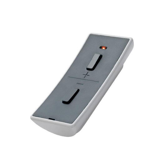 Modern black and silver bathroom remote control with plus and minus buttons
