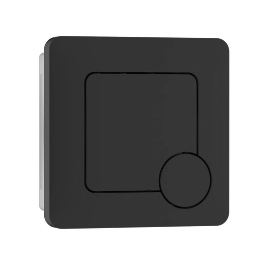 Matte black square dimmer light switch with a round knob, modern bathroom accessory.