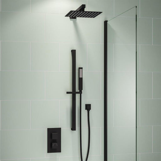 Eastbrook Square Thermostatic Shower Bundle with Shower Head, Valve, Round Riser Kit & Handset - Chrome/Matt Black - BND024 - Envy Bathrooms Ltd