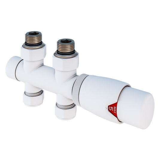 Eastbrook Straight Twin Inlet Thermostatic Radiator Valve 15mm Gloss White | 54.0012