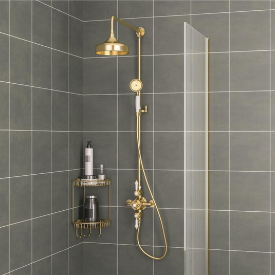 Eastbrook Traditional Twin Thermostatic Exposed Shower Valve with Rigid Riser & 8" Rose Head - Brushed Brass | 60.2012
