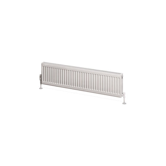 Horizontal white double panel radiator on white background for bathrooms or heating systems