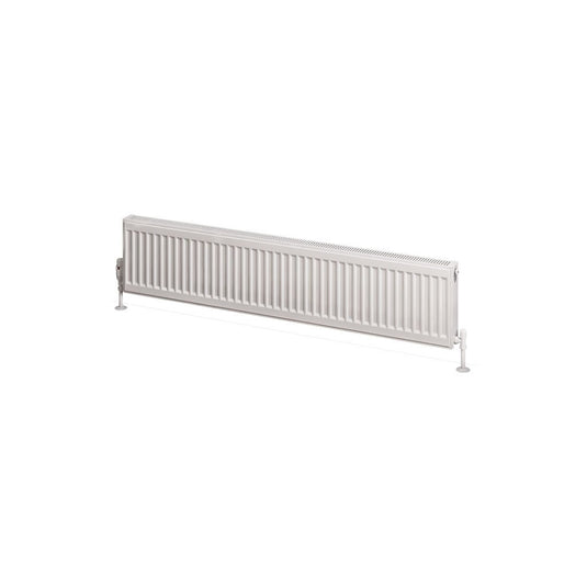 Horizontal white panel radiator with floor fittings for bathroom or home heating