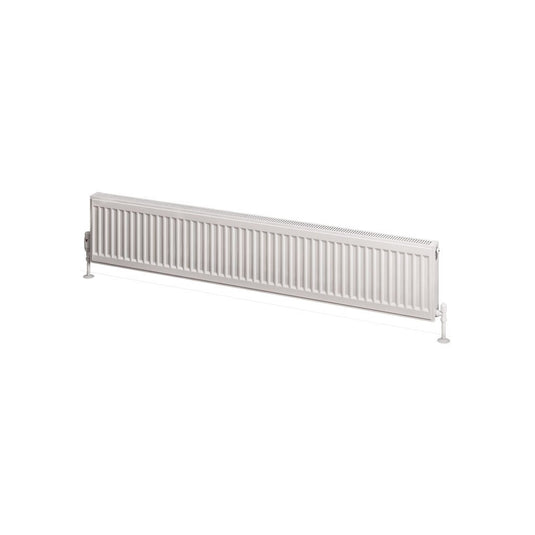 Horizontal white panel radiator with minimalist design on white background
