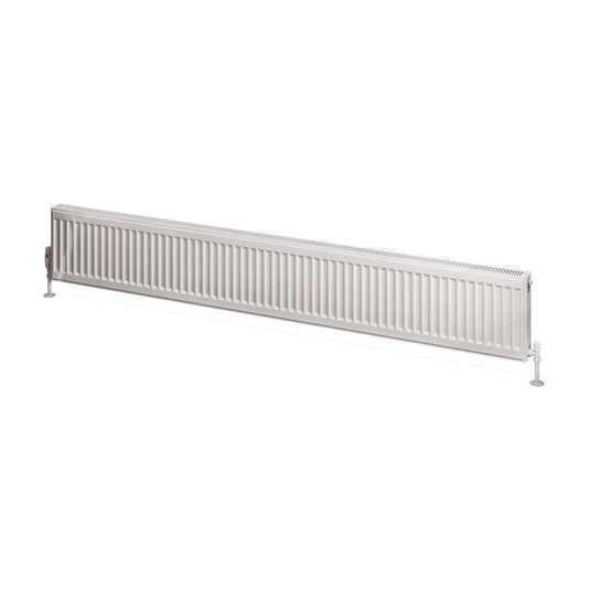 Horizontal white double panel radiator with vertical grooves, modern bathroom heating